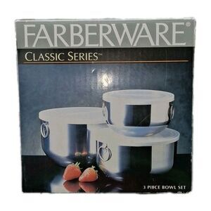VINTAGE FARBERWARE STAINLESS STEEL 3 PIECE BOWL SET WITH LIDS New In Box